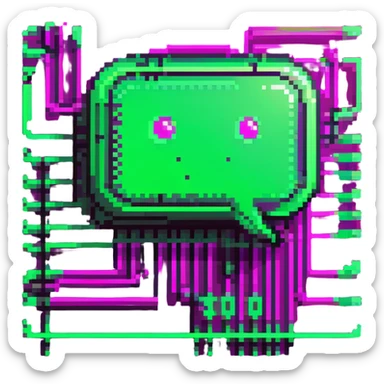 minimalist cartoon emoji of a chat bubble with circuit lines, LLM/AI theme, Matrix-inspired cyberpunk style, three neon green shades with magenta, clean crisp pixel lines, techy sticker look, stroke, futuristic digital feel sticker
