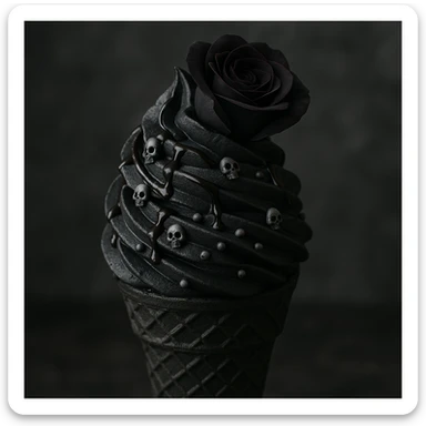 Gothic ice cream with black chocolate drizzle, tiny skull sprinkles, and a dark rose on top in a general style. sticker