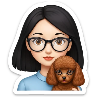 A beautiful girl with glasses with fair skin has long straight black hair with and a miniature reddish-brown Poodle. sticker