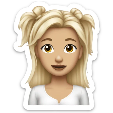  Create a sticker of a blonde girl with pearl beige highlights in her hair, holding a slightly messy Yorkie with a little bow. sticker
