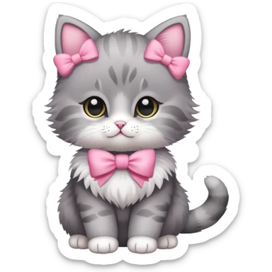 cute baby cat, full body, fluffy, gray with pink bow sticker
