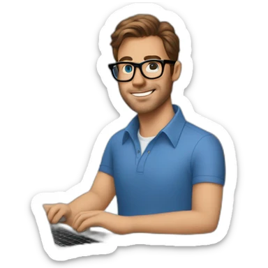 "A man with brown hair, wearing a blue shirt, and Tom Ford glasses, working on his MacBook Air." sticker