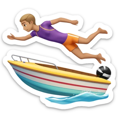 Emoji-style side view of boat with person diving off, rounded cute features, soft shading, colorful, PNG cutout sticker