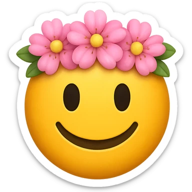 yellow face with pink flower crown emoji, digital illustration, remove background sticker