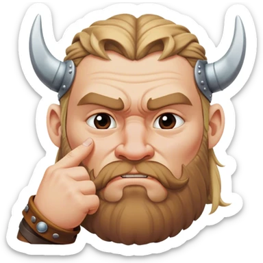  viking face with furrowed eyebrows looking upwards with thumb and index finger resting on its chin. sticker