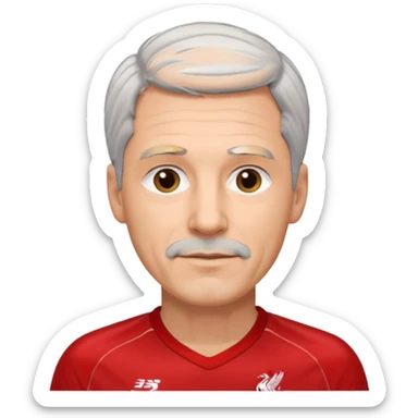 A man with grey hair in his 40s wearing a Liverpool jersey  sticker