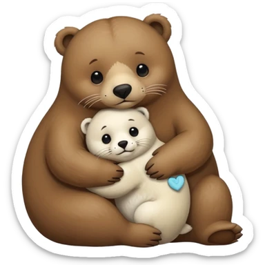 small white seal hugging a big brown bear sticker