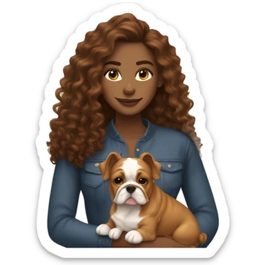 Woman with brown long curly hair with her golden yorkie and her English bulldog sticker