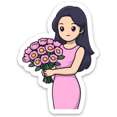 beautiful young woman with long black hair, fair skin, wearing pink dress and holding a bouquet of flowers sticker