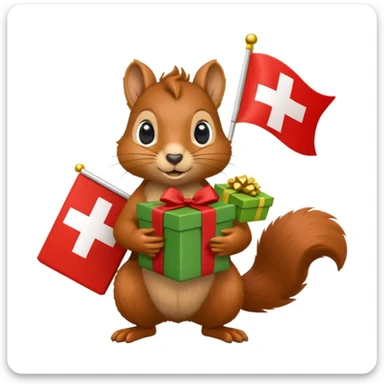 realistic squirrel holding a green gift box in one hand and a red Swiss flag in the other, both objects clearly visible, simple white background, the gift is a different color from the flag sticker