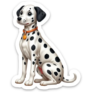 cinematic-[dalmatian dog]-realistic-full-body-sitting-emoji,-tail-resting-loosely-beside-its-paws,-head-tilted-dramatically,-sleek-[spotted]-fur,-simplified-yet-realistic-focused-features,-highly-detailed,-glowing-with-an-almost-sarcastic-glow sticker