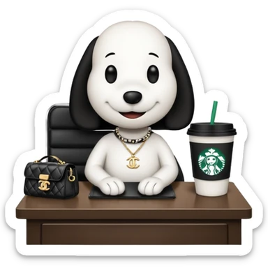 snoopy in a desk with starbucks and his chanel purse sticker