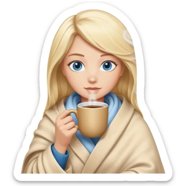 Blonde with blue eyes wrapped up in a cozy blanket with a hot coffee sticker