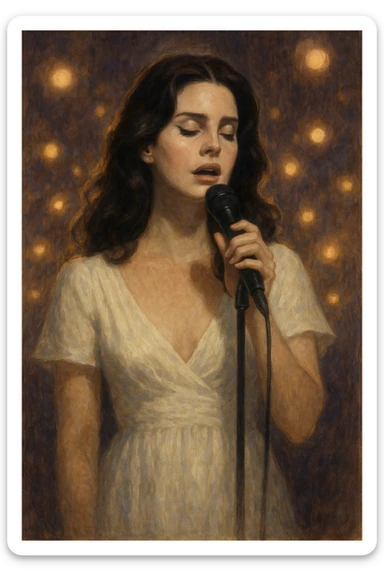 A stylized portrait of Lana Del Rey in a white dress, eyes closed, singing 'Heart Shaped Box', surrounded by soft glowing lights, romantic and melancholic mood sticker
