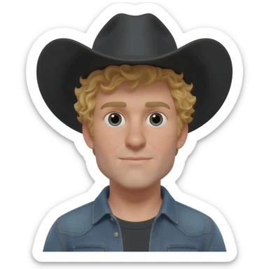 Man with blonde curly hair sticking out under his black cowboy hat sticker