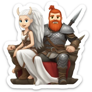  White Viking red head pale skin beautiful dragon  queen with a Viking solder with a gray man bun built white solder on a dragon  sticker