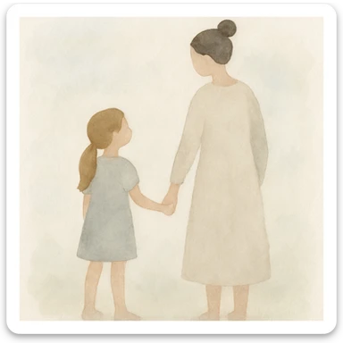 daughter holding hands with mother, soft watercolor style, pastel background sticker