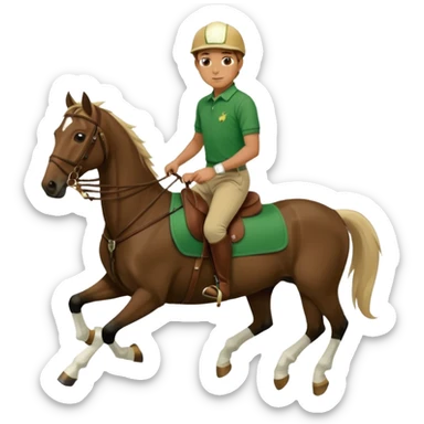 a boy in green rl polo polo tshirt with beig breaches and brown boots on black polo horse with white blaze sticker