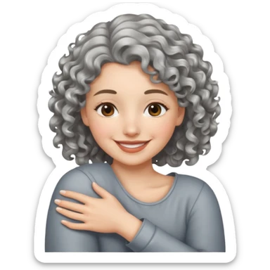 silver, wavy/curly hair shorter than shoulder-length smiling lady giving hug sticker