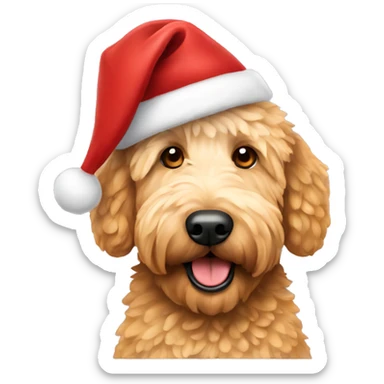 Golden doodle wearing a Christmas hat sticker