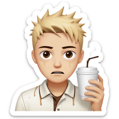 Hair: Wet-look gelled spikes from rushed morning Face: Wide double eyelids frozen in horror Clothes: Coffee-stained white polo, crooked name tag Action: Grabbing napkins as brown liquid soaks reports sticker