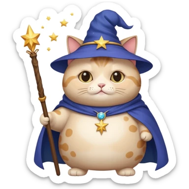 chubby cat wizard with a starry cloak and a wand sticker