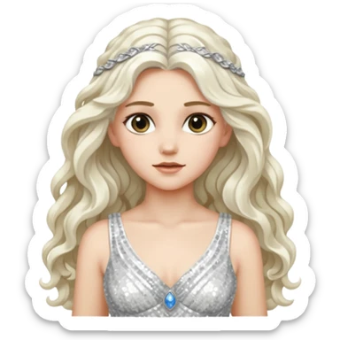 Artemis from Greek Mythology with long white wavy hair, white sequin dress sticker
