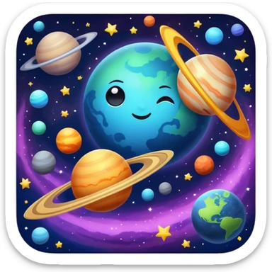 A cosmic scene with stars, planets, and galaxy sticker