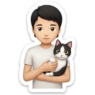 generate a pretty bratz emoji of a boy with black hair wearing a white tshirt and holding a cat  sticker