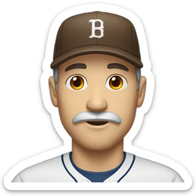 white man with longish brown hair and baseball cap and mustache sticker