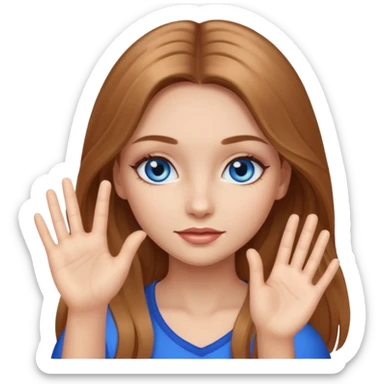 A girl with makeup, long light brown hair, blue eyes, with her palm up. with black outlook   sticker