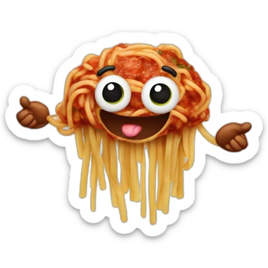Spaghetti and meatballs with a face, arms and legs, doing something random sticker