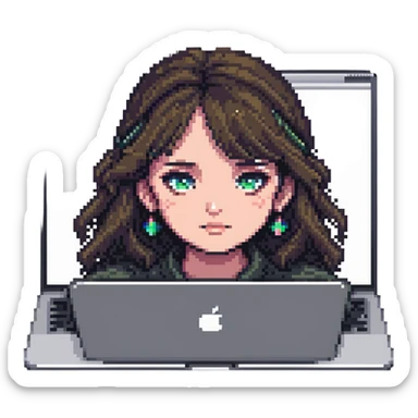 a girl's face working behind a MacBook, pixel art style sticker