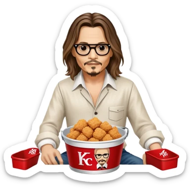 Johnny Depp sitting in a KFC bucket, long hair, goatee sticker