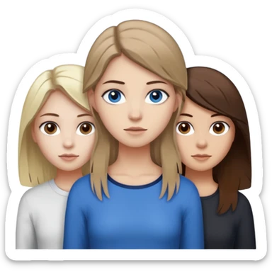 a trio of people where one girl in the back has white skin, brown hair, and brown eyes; another girl in the back has white skin, dirty blonde hair, and blue eyes; and the girl in the front has tan skin, dark brown hair and dark brown eyes. sticker