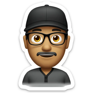 filipino golfer face wearing black rimmed glasses, with full but trimmed beard, wearing black cap. with silly face sticker