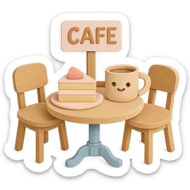 Regenerate a kawaii coffee shop table and chairs set with cake and coffee in the same paper craft style as the reference. Make it even more visually appealing, perfect looking, with crisp details, soft pastel colors, and a flawless hand-crafted texture. Emphasize cuteness and high quality. Keep the transparent background. sticker