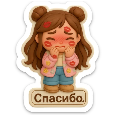 Create a 3D chibi fondant cake art style sticker of a girl based on the reference image. Preserve the facial features, eye shape, and hairstyle exactly as in the reference, with long brown hair styled in two space buns and brown eyes. She is standing, blushing deeply from embarrassment, covered in kiss marks, looking shy and overwhelmed. Include shoes matching the reference. Add a thick white outline like a sticker and a transparent background. At the bottom of the sticker, include a sign that says 'Спасибо'. sticker