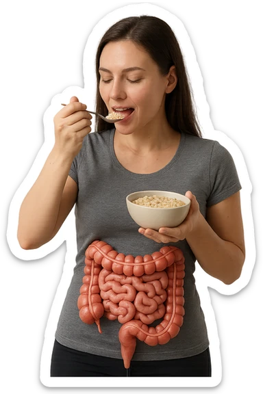 DONNA REALISTICA IN PIEDI CON INTESTINO UMANO ANATOMICO IN EVIDENZA CHE MANGIA UN PORRIDGE DI AVENA, iperrealistico 4k, SFONDO BIANCO sticker
