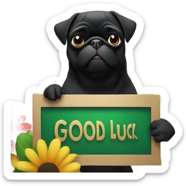 Black pug , surrounded by flowers, holding a green sign that says “good luck”  sticker