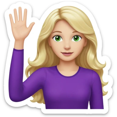 lady with long wavy blonde hair, purple top, green eyes, waving hello sticker