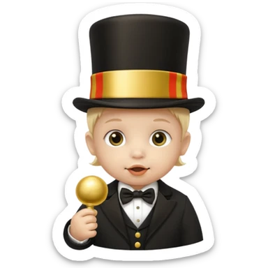 a baby's face in a black top hat with a gold stripe and a gold pacifier sticker