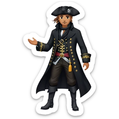 A confident pirate captain in a tailored black coat with silver embroidery, black boots, and a windswept black scarf. sticker