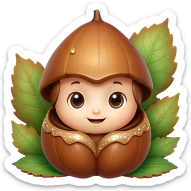 Cinematic tiny happy acorn, glossy brown, soft glowing highlights, tiny adorable face with big sparkly eyes, sitting on a pastel leaf, warm and cheerful. sticker