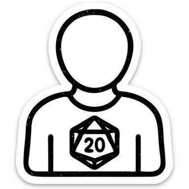 minimalist outlined icon of a player for DnD TTRPGs, worn distressed effect sticker