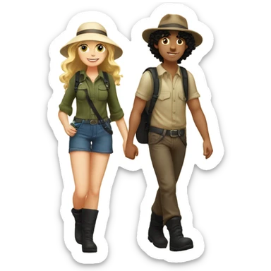 A short blonde long-haired girl in a hat and a black curly-haired boy in a hat and boots hike in the Canary Islands, boots are Caucasian  sticker