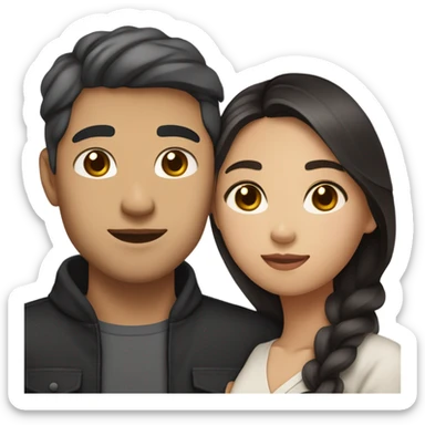 They are holding each other very tightly. A pale Asian man with short dark hair and amber eyes embracing and loving a half Asian woman with long wavy dark hair and dark hazel eyes. They love each other a lot And have good fashion taste. sticker