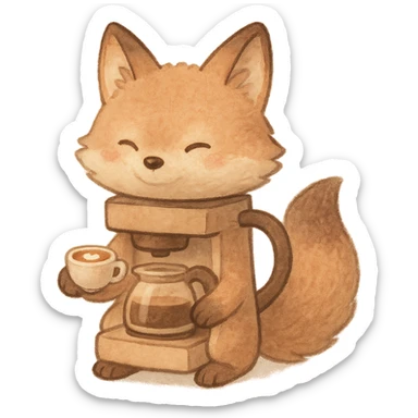 soft pastel fluffy fox designed as a coffee maker animal holding a tiny latte cup brown and beige tones full-body 电器拟动物风格 sticker