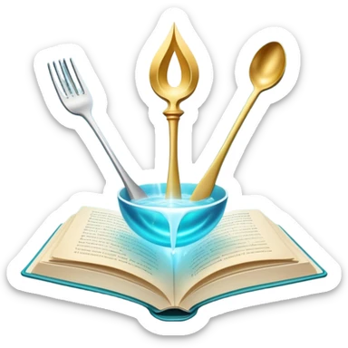 Ethereal floating cookbook with luminous aura, mystic fork and spoon symbol on cover radiating with magical energy, recipe collection sticker