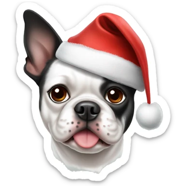 All white Boston terrier wearing Christmas hat sticker